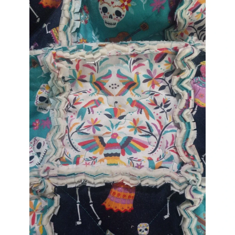 Handmade Rag Quilt, Throw - Dia de‎ Los Muertos Theme